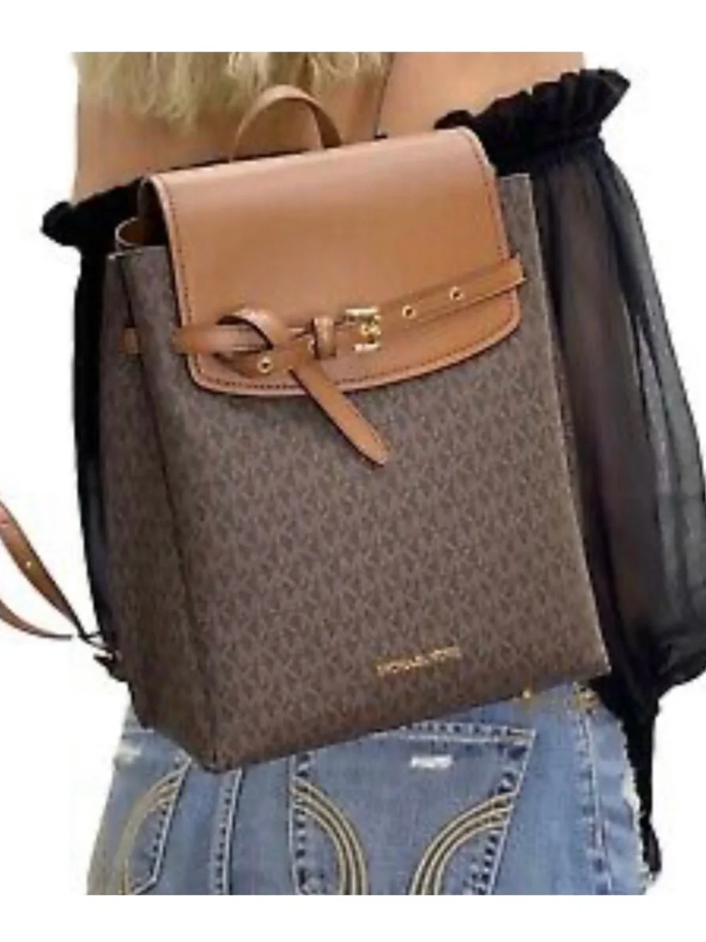 Michael Kors Brown Logo Convertible Backpack Tote with Tan Flap